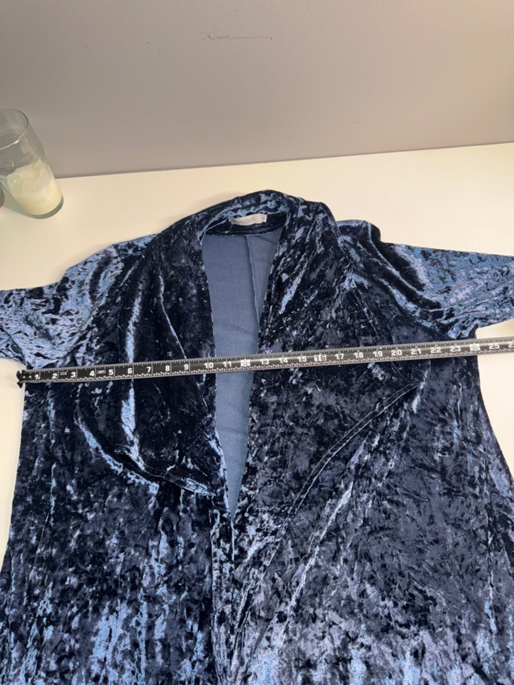 Misslook Crushed Velvet Open Front Cardigan Duster | Navy Blue Luxe - Picture 8 of 9